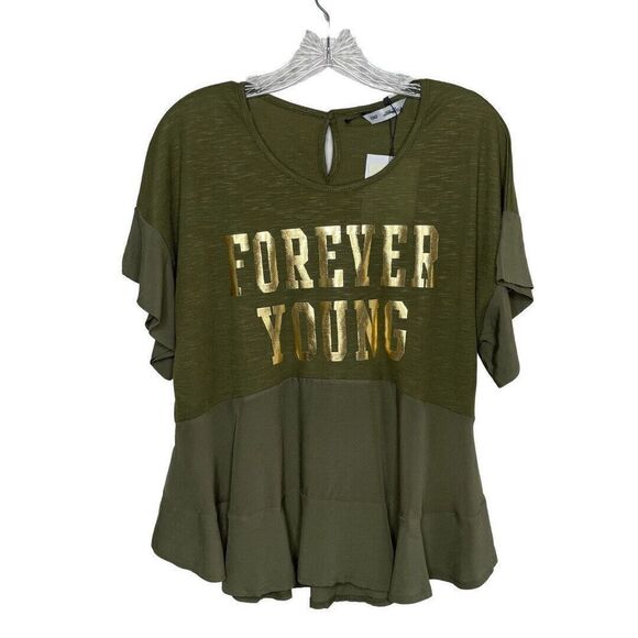 SMF Womens Olive Green Flutter Sleeve Top NEW "FOREVER YOUNG" Peplum Hem Sz S - Picture 1 of 8